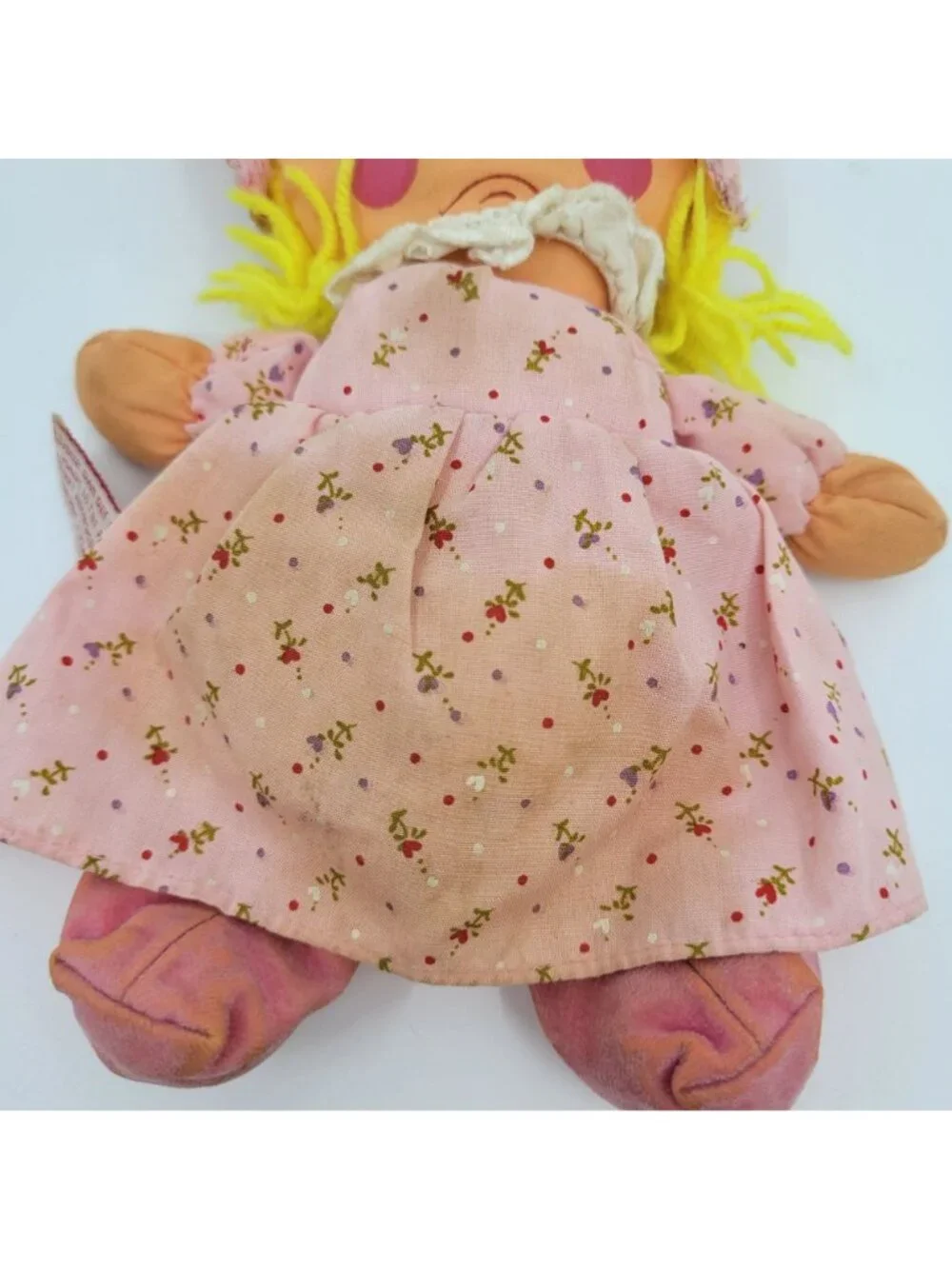 Dan Dee Happy Sad Cloth Rag Doll Vintage 1982 Pink Floral Dress & Bonnet Yarn Ha
